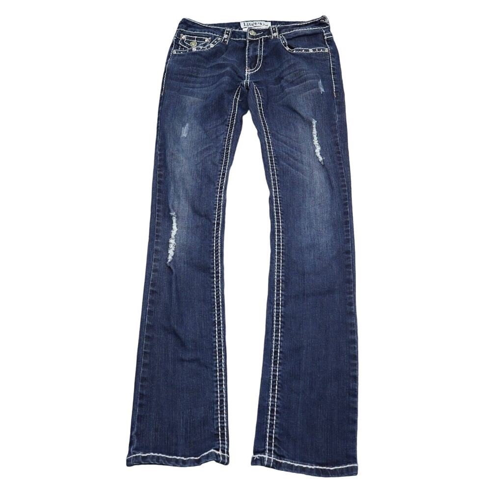 Liuces Pants Womens 5 Blue Bootcut Low Rise Studded Pocket Dark Wash Denim Jeans